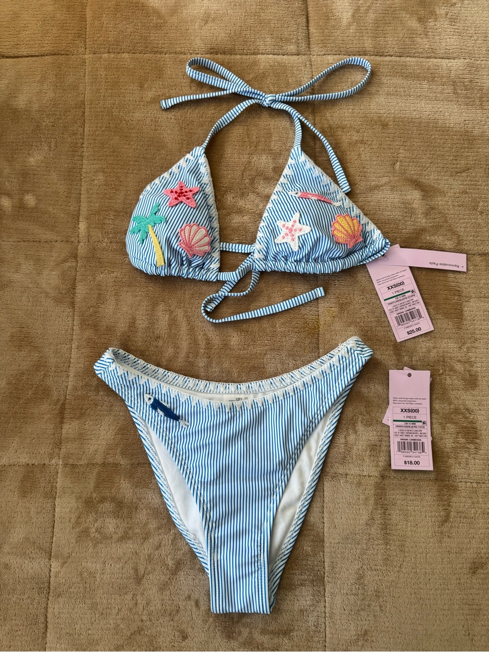 wild fable Blue and White Striped Bikini with Colorful Sea Embroidery